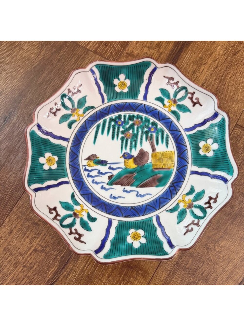 Vintage Japanese Kutani Ware Hand-Painted Ceramic Decorative Plate Cobalt & Gree